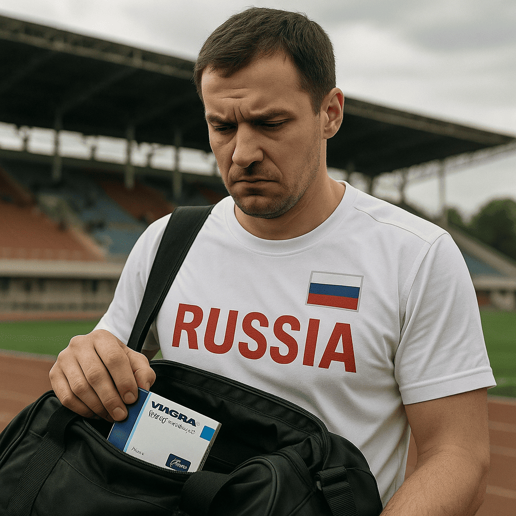 Российский спортсмен на стадионе держит в руках упаковку лекарства для повышения потенции