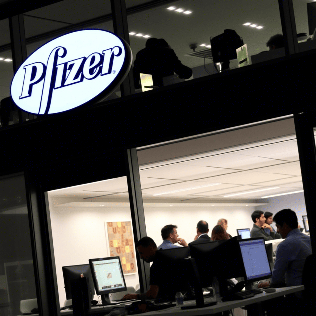 Современный офисный центр в Праге с логотипом Pfizer на фасаде, сотрудники разных национальностей работают за компьютерами.