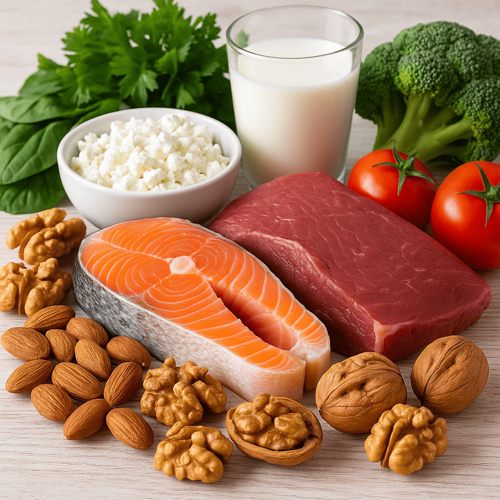 Продукты, богатые микроэлементами для мужского здоровья: орехи, рыба, овощи и зелень на столе