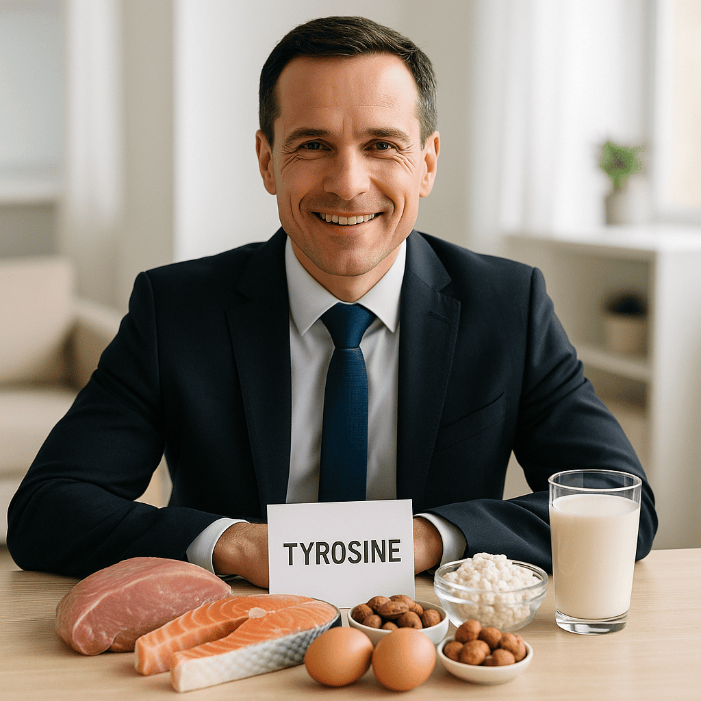 Мужчина с продуктами, богатыми тирозином, для поддержания потенции и мужского здоровья