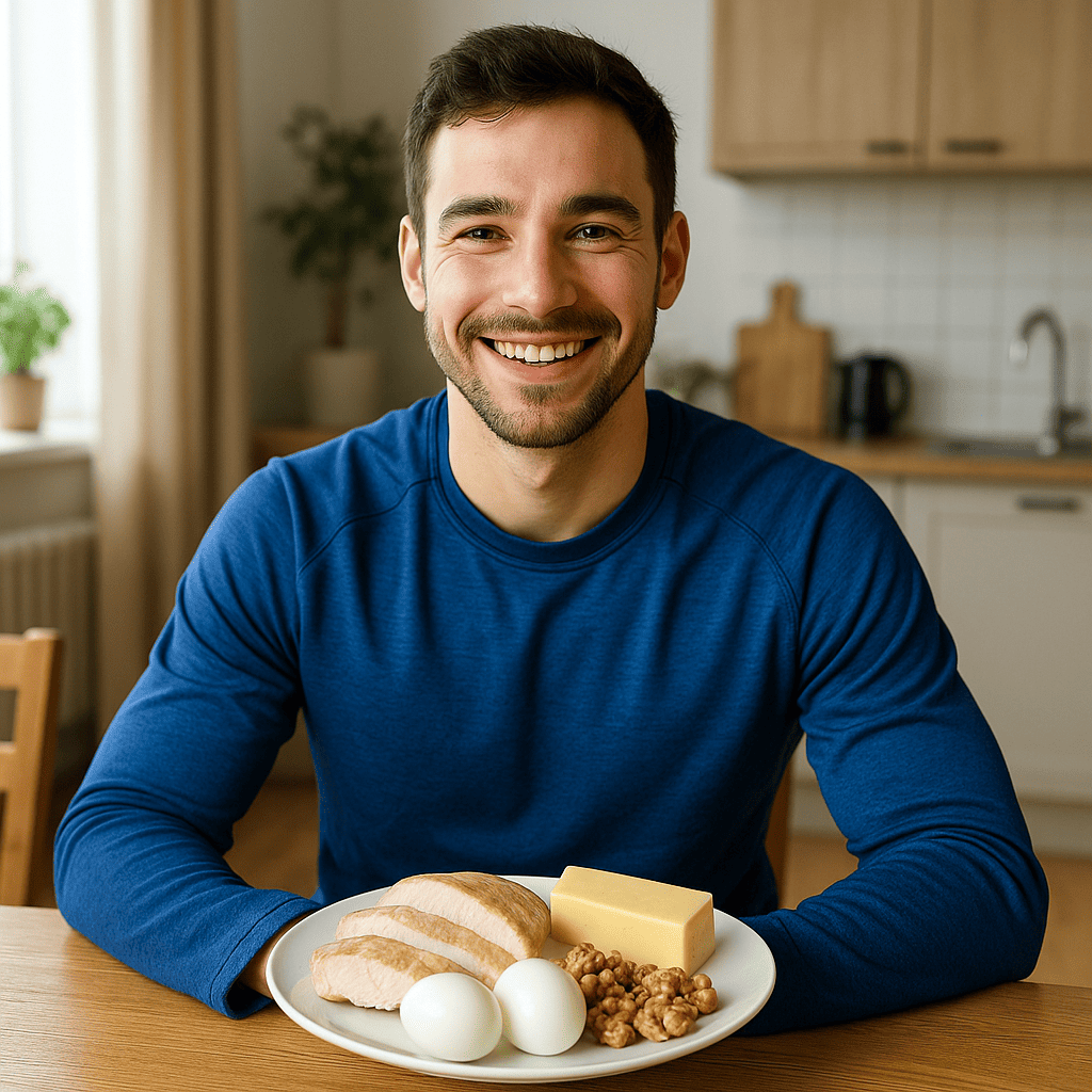 Мужчина за столом с продуктами, богатыми триптофаном, для поддержания мужского здоровья и потенции, реалистичное фото.