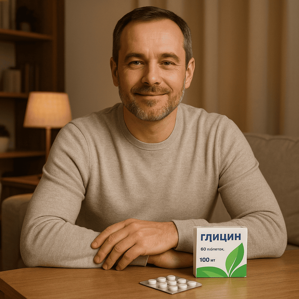 Мужчина в расслабленной обстановке, символизирующий снижение стресса и улучшение потенции благодаря приему глицина