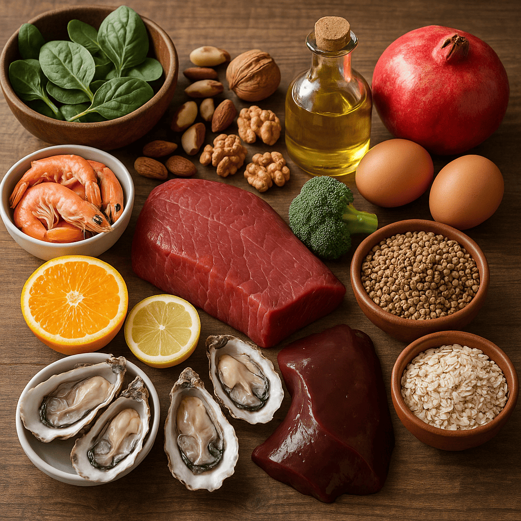 Натуральные продукты, богатые микроэлементами для мужского здоровья: мясо, рыба, яйца, орехи, зелёные овощи, фрукты и молочные продукты на деревянном столе