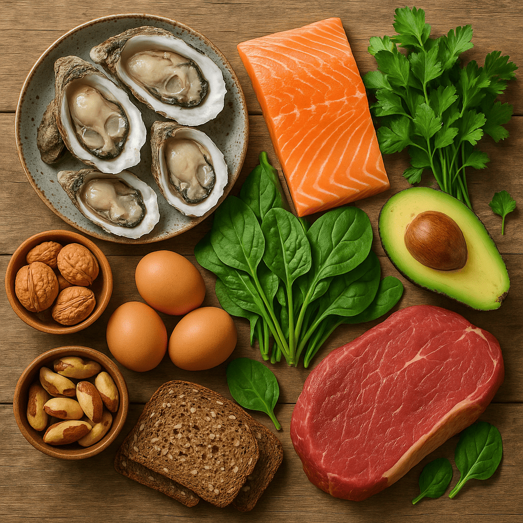 Продукты, полезные для мужской потенции: устрицы, лосось, грецкие орехи, бразильский орех, яйца, шпинат и авокадо на деревянном столе