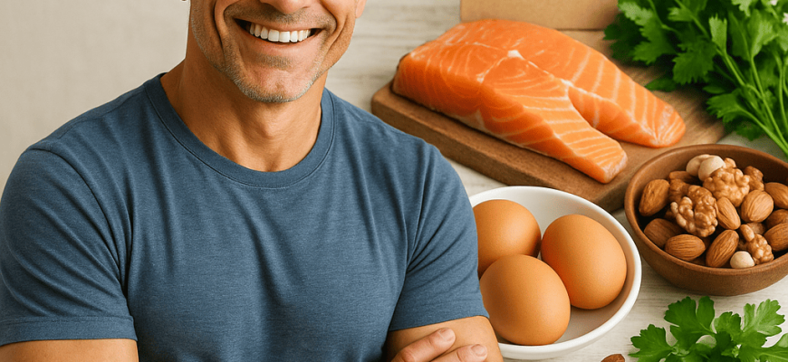 Мужчина с улыбкой держит продукты, богатые витамином B4, для поддержания мужского здоровья