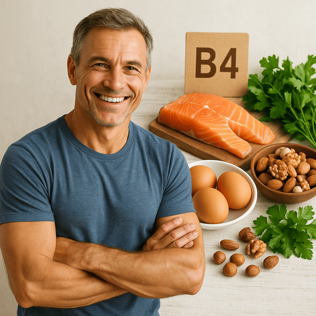 Мужчина с улыбкой держит продукты, богатые витамином B4, для поддержания мужского здоровья