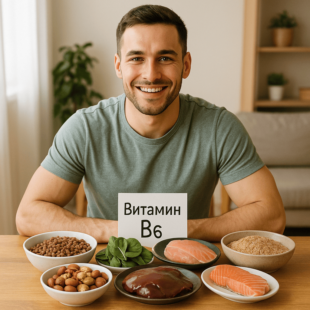 Мужчина за столом с натуральными продуктами, богатыми витамином B6, для поддержания мужской потенции и здоровья.
